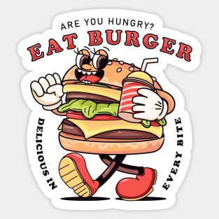 Eat Burger, retro carton burger walking while carrying drinks Sticker